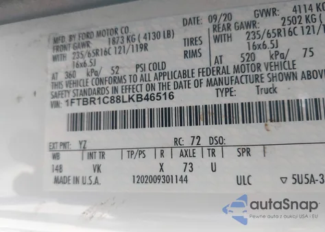 2020 Ford Transit-250 z USA, uszkodzony, nr VIN 1FTBR1C88LKB46516